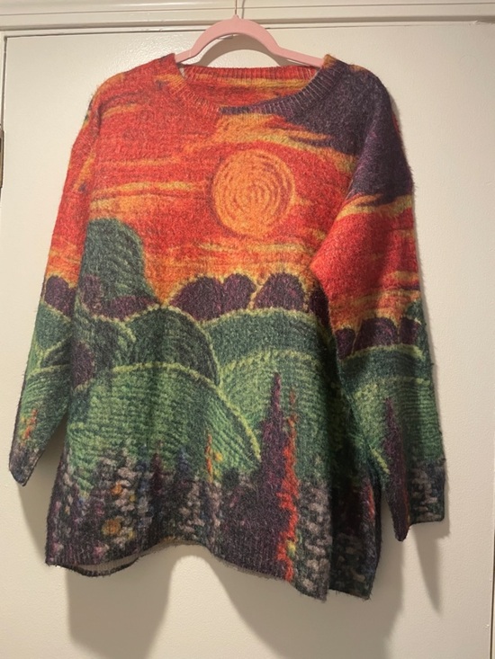 Sweaters - Sunset and Landscape Scene Textured Poly Soft Sweater